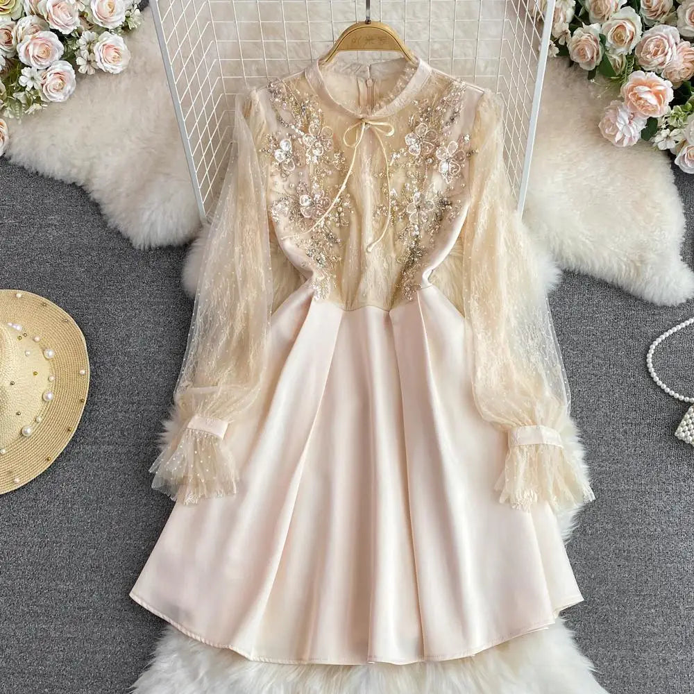 Elegant Long Sleeve Beaded Skater Dress With Tulle