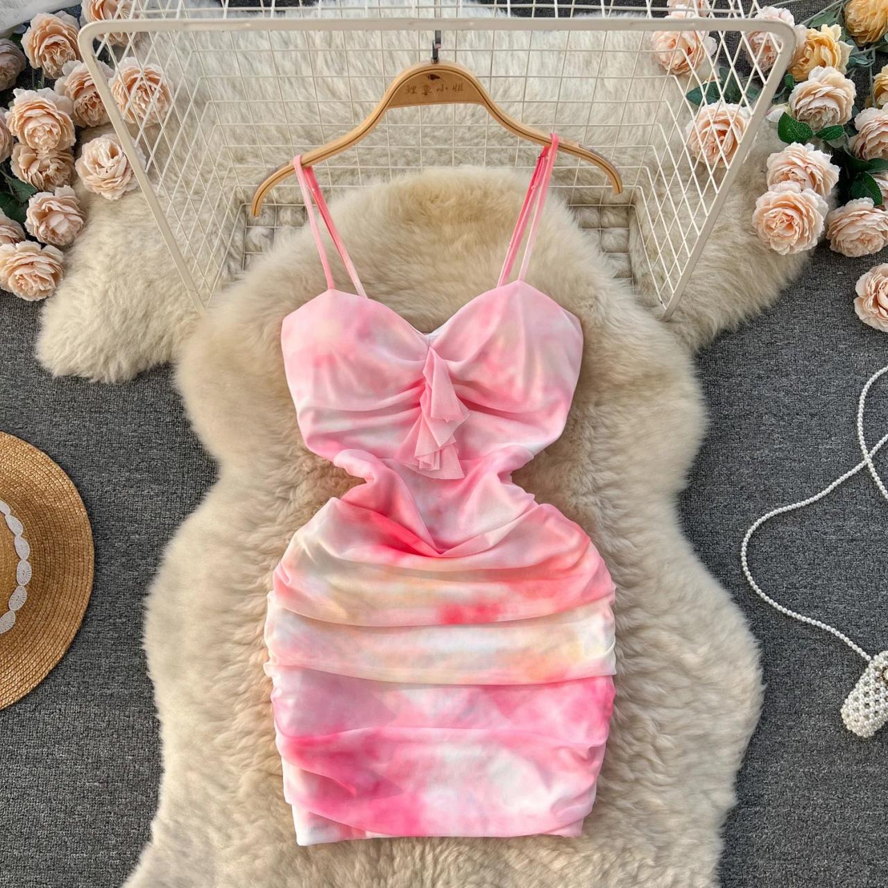 Womens Summer Pink Tie-dye Bowknot Spaghetti Strap Dress