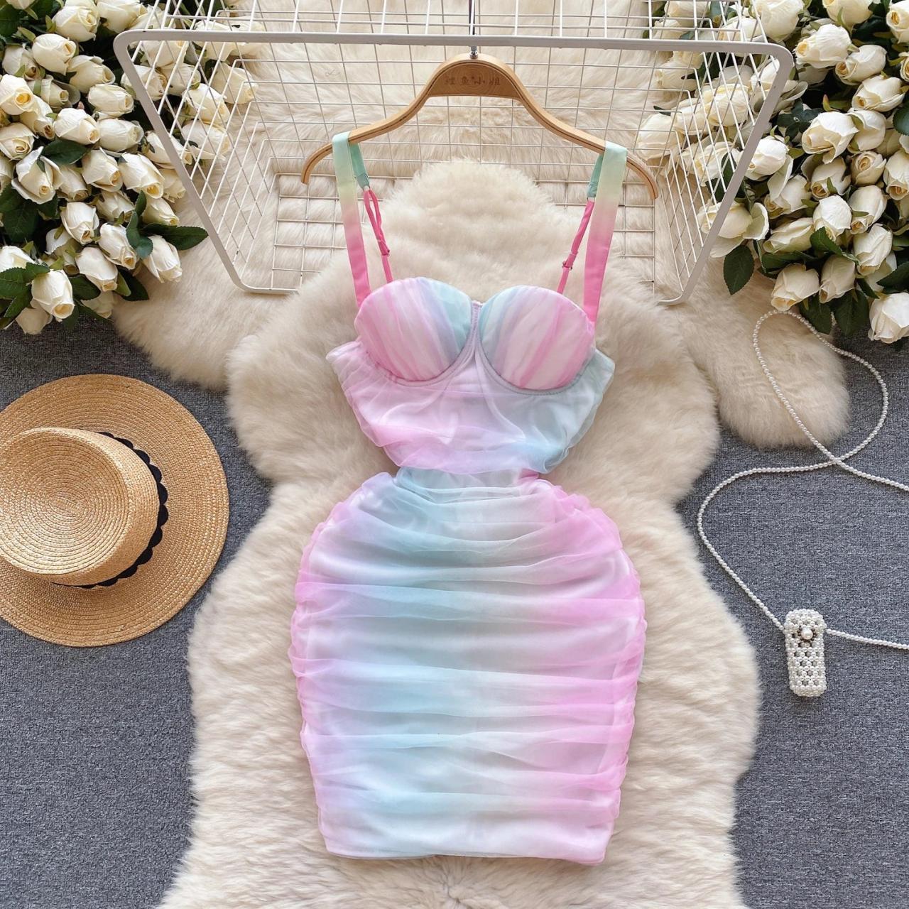 Pastel Rainbow Pleated Bustier Summer Mini Dress