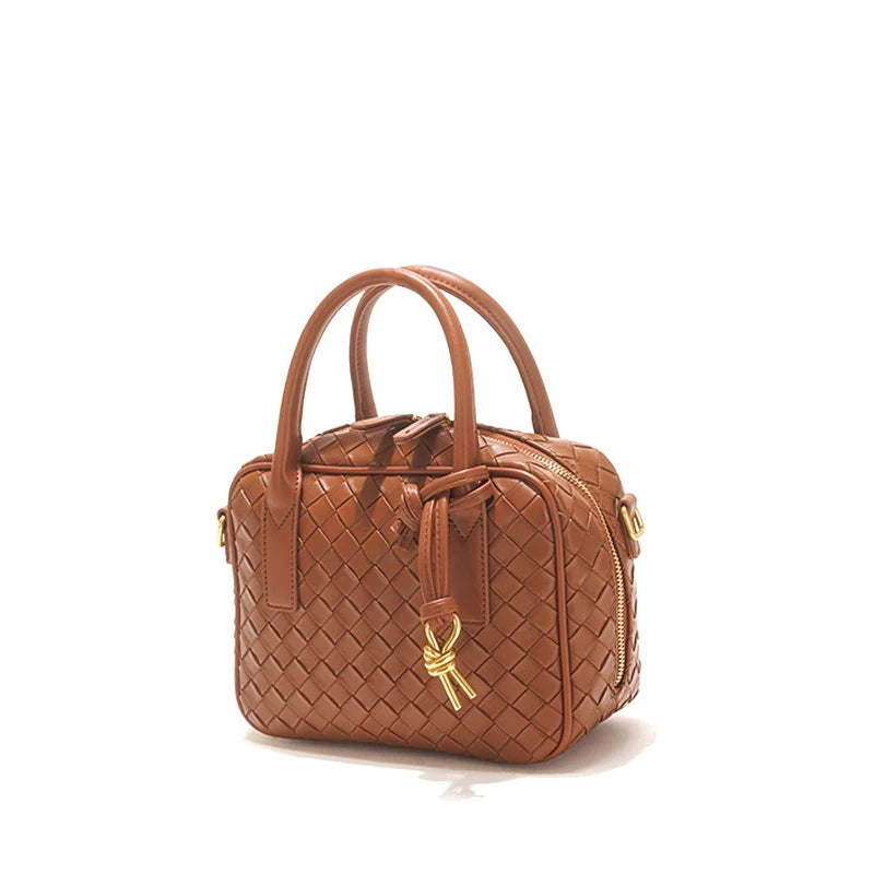 Elegant Woven Leather Satchel Handbag With Tassel Detail