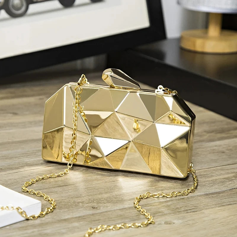 Geometric Gold Clutch Evening Bag With Chain Strap