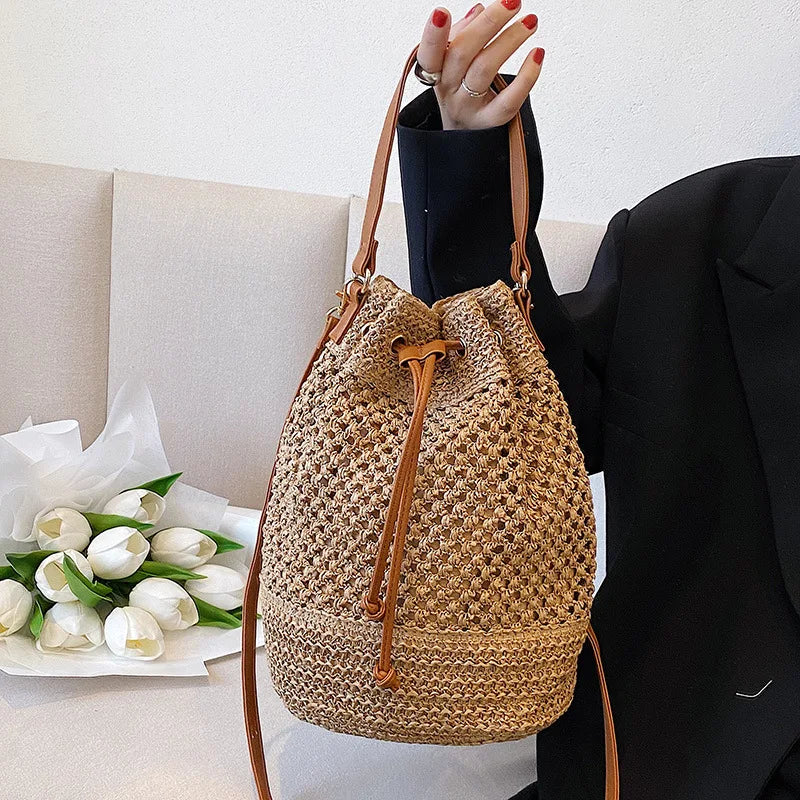 Hand-woven Tan Bucket Bag With Adjustable Leather Strap