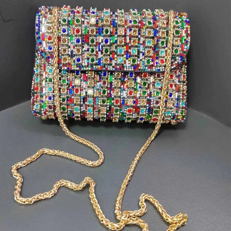 Multicolor Crystal Embellished Clutch Purse With Chain Strap