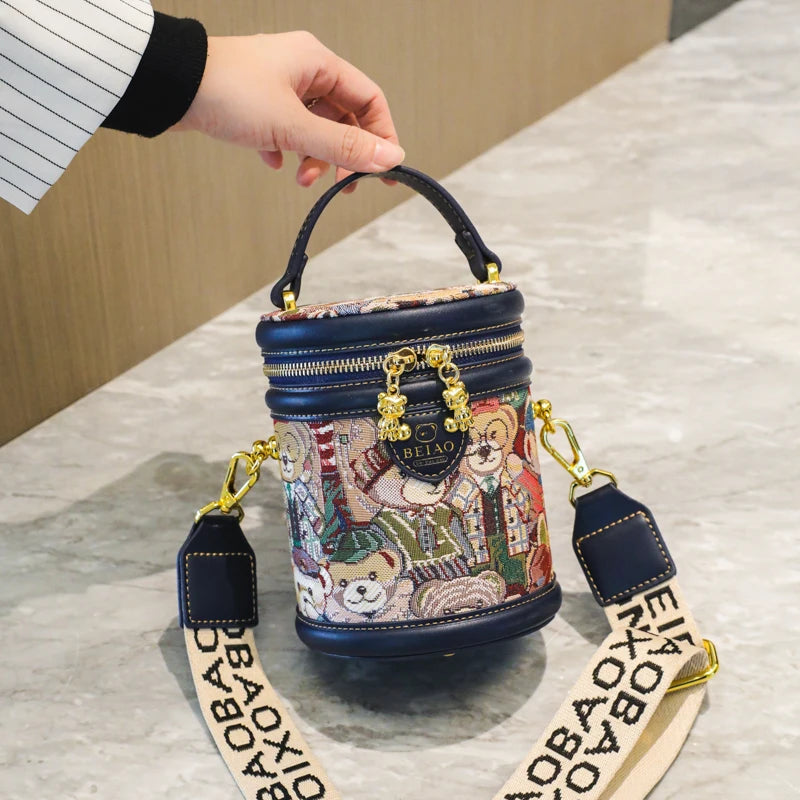 Embroidered Teddy Bear Charm Barrel Handbag With Strap