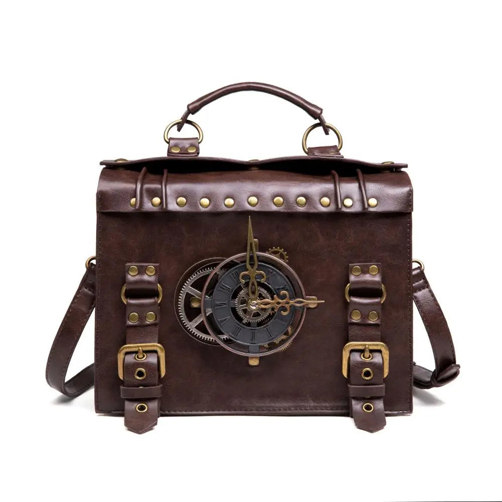 Vintage Leather Steampunk Satchel With Clock Mechanism