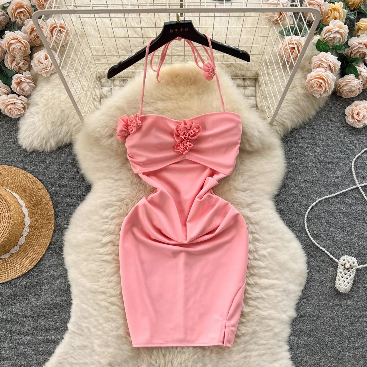 Elegant Pink Ruched Dress With Floral Appliqué Details