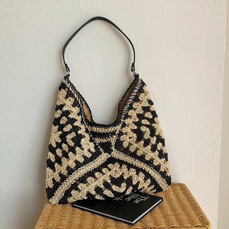 Bohemian Style Black And Beige Crochet Shoulder Bag on Luulla