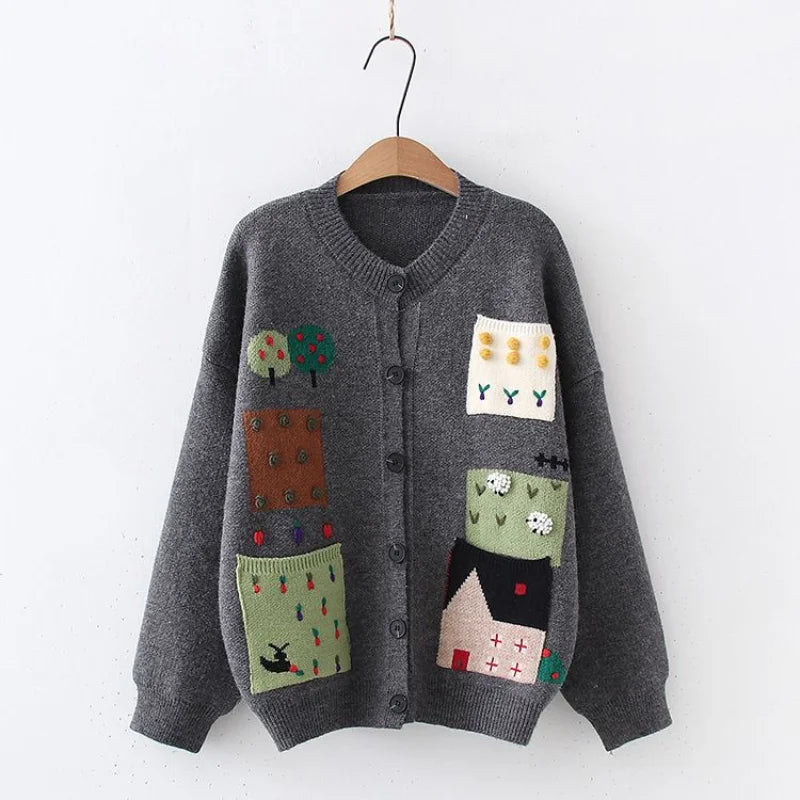 Womens Patchwork Design Knit Cardigan With Button Closure