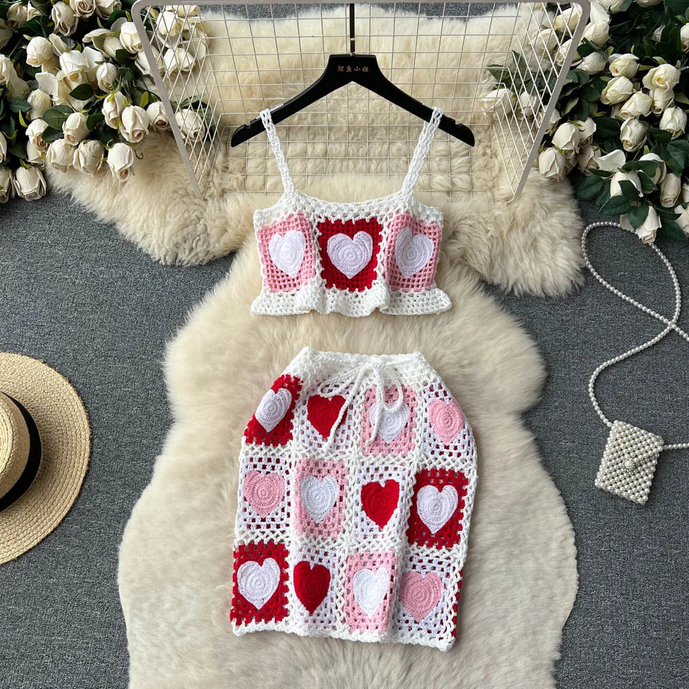 Handmade Crochet Heart Pattern Crop Top And Skirt Set