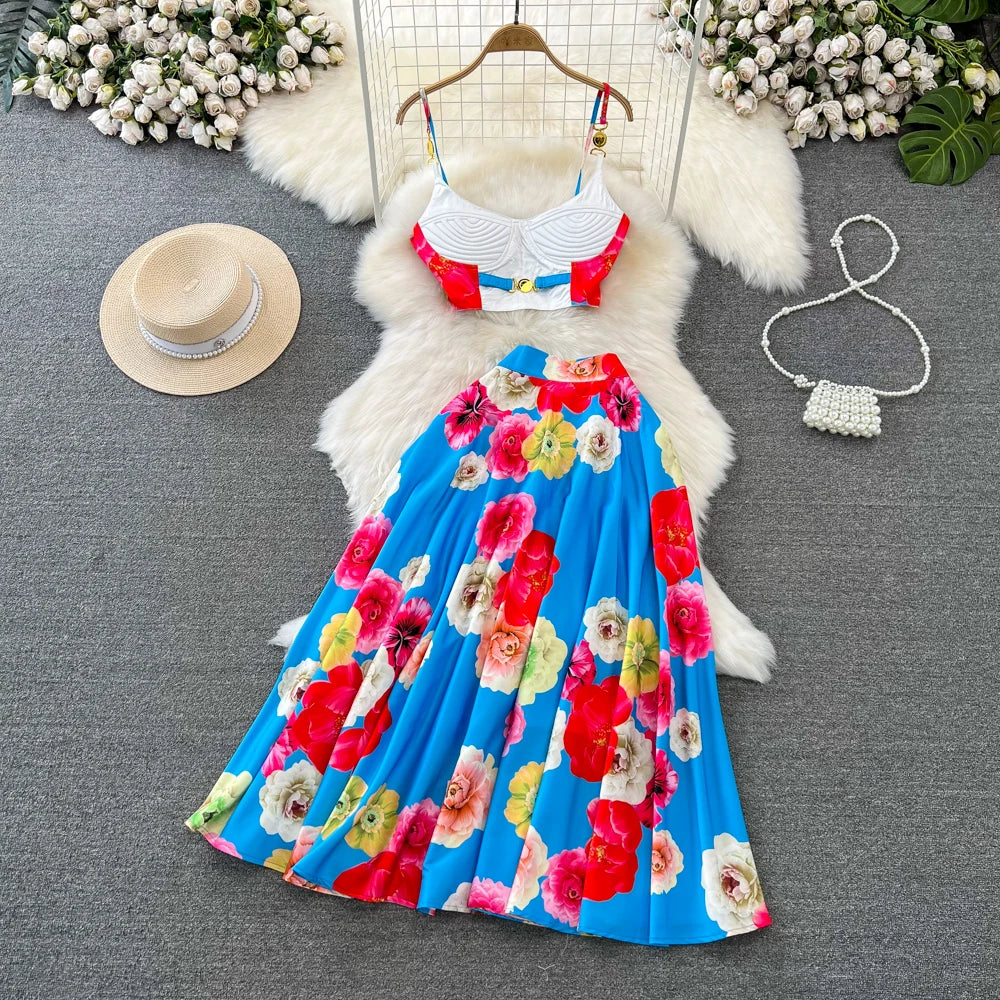 Womens Floral Print Summer Dress With White Crop Top