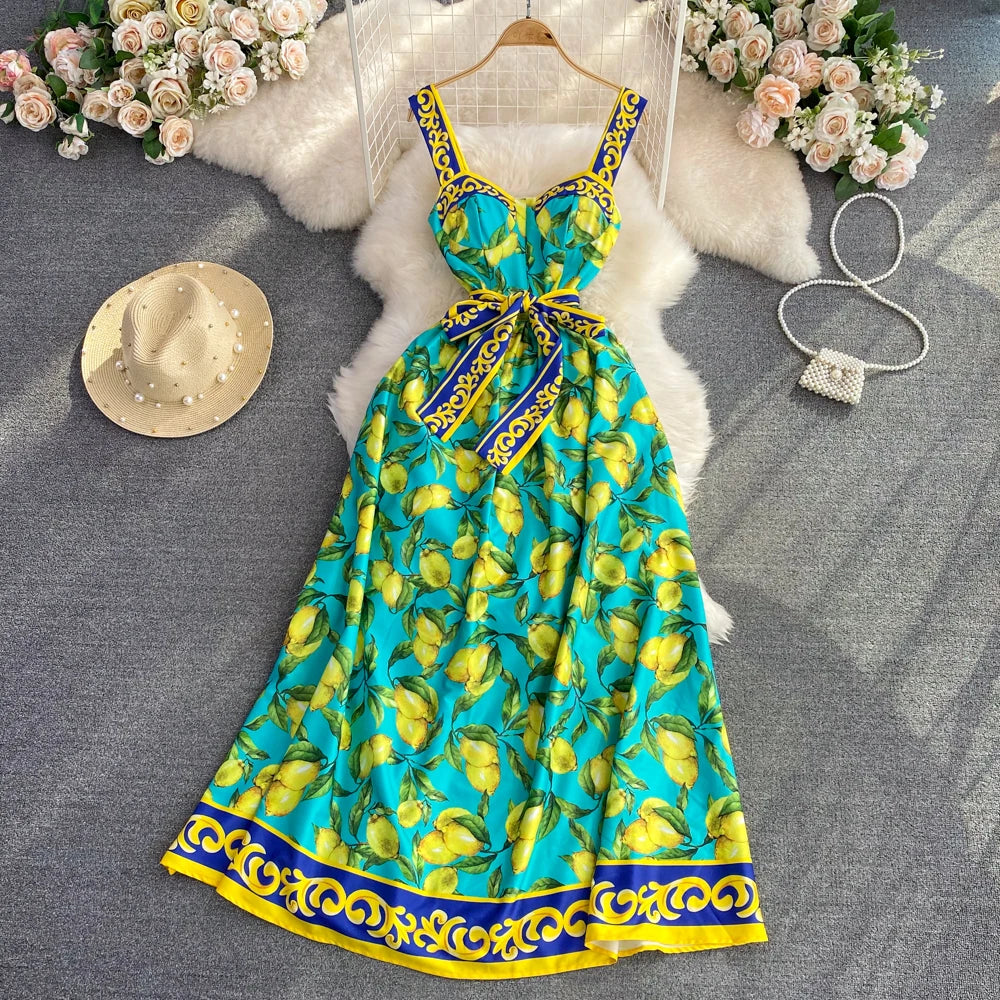 Elegant Lemon Print Summer Midi Dress With Belt