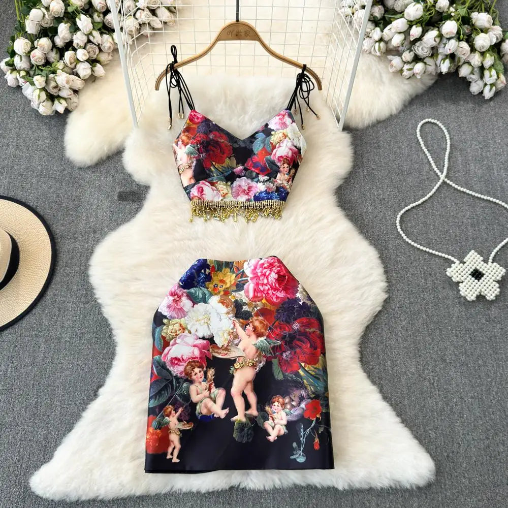 Womens Floral Print Bralette And High-waist Skirt Set