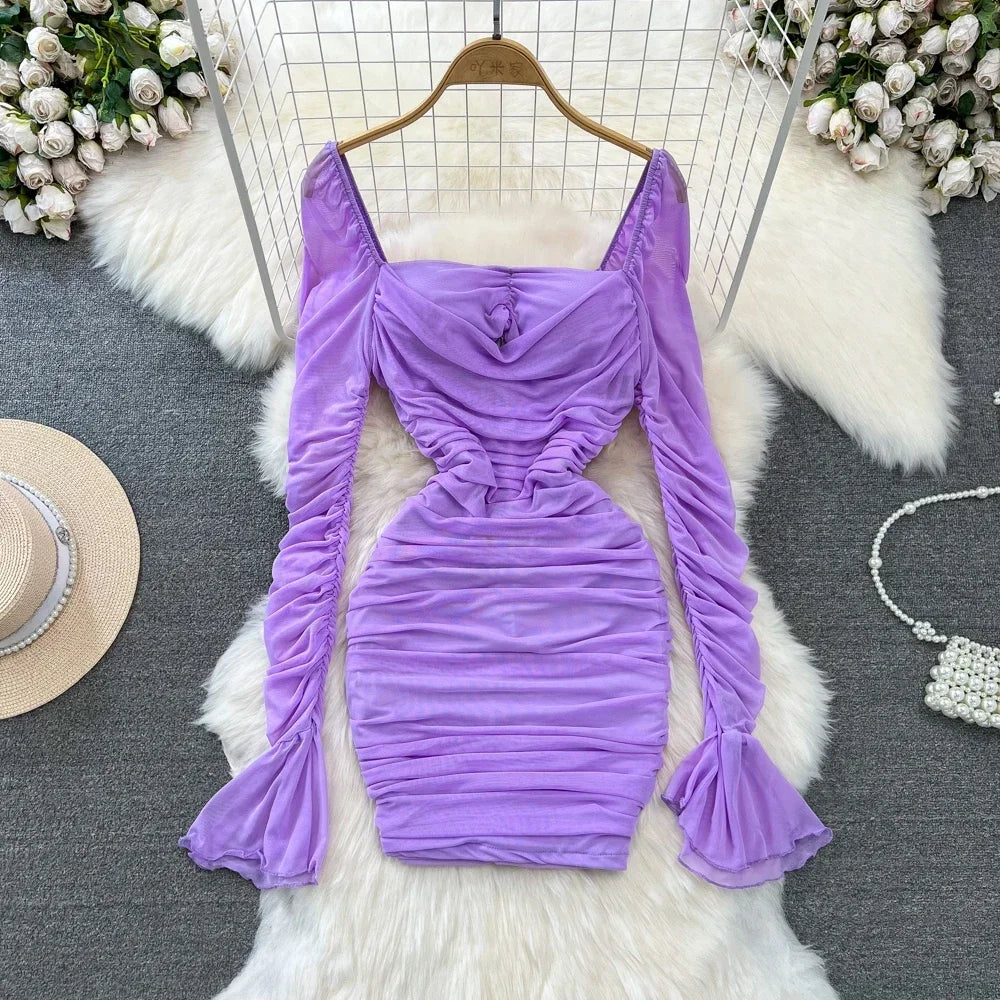 Elegant Long Sleeve Satin Bodycon Mini Dress Purple