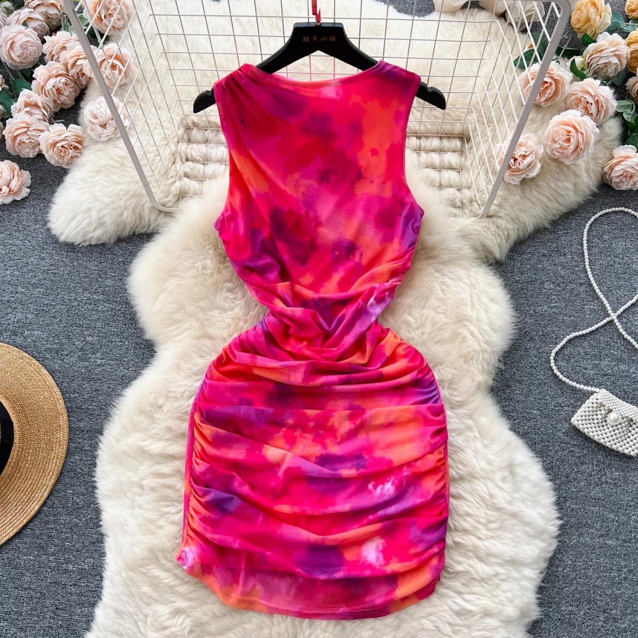 Womens Sleeveless Backless Tie-dye Bodycon Dress