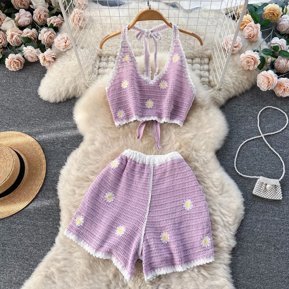 Womens Daisy Knit Crop Top And Shorts Set