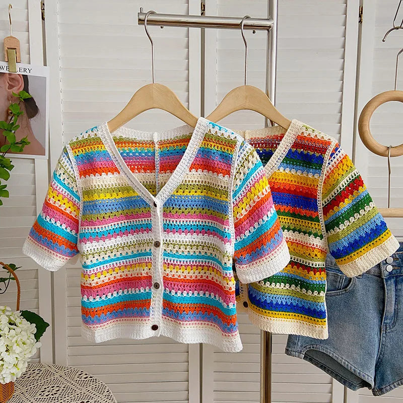 Handmade Colorful Striped Crochet Cardigan For Women