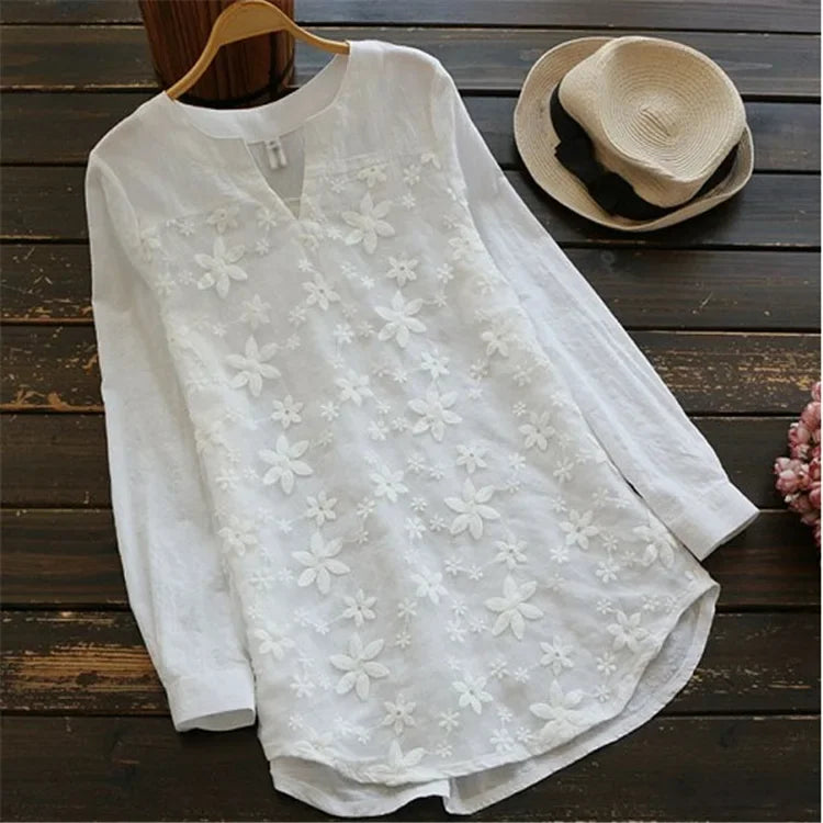 Womens Casual Embroidered Floral White Cotton Tunic Blouse