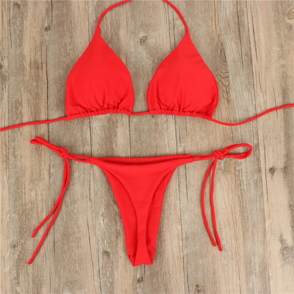 Womens Tie Side Triangle Bikini Set Swimwear Red