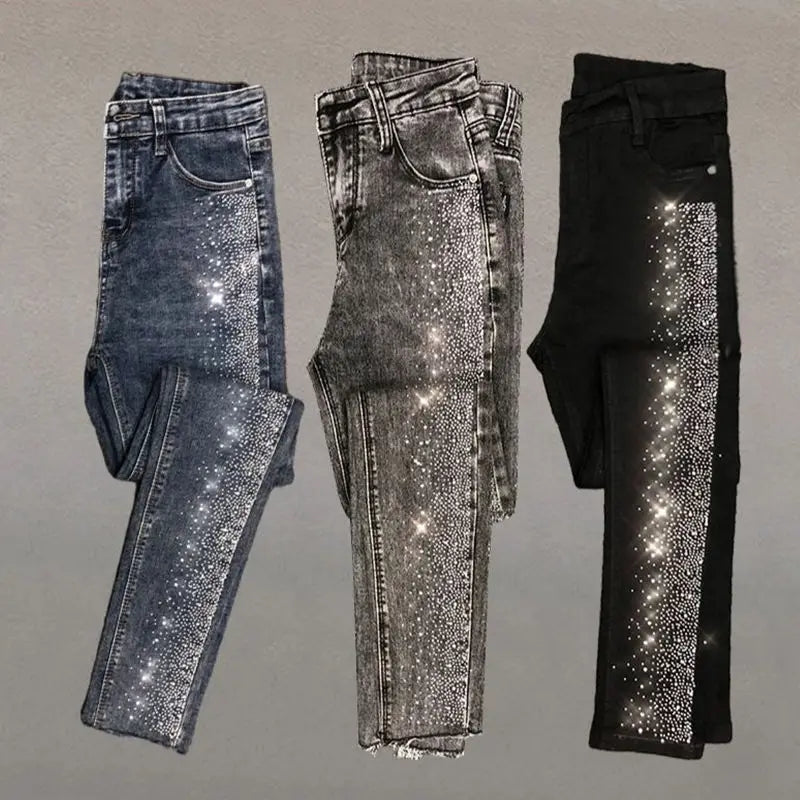 Womens Sparkle Rhinestone Embellished Skinny Jeans Trio