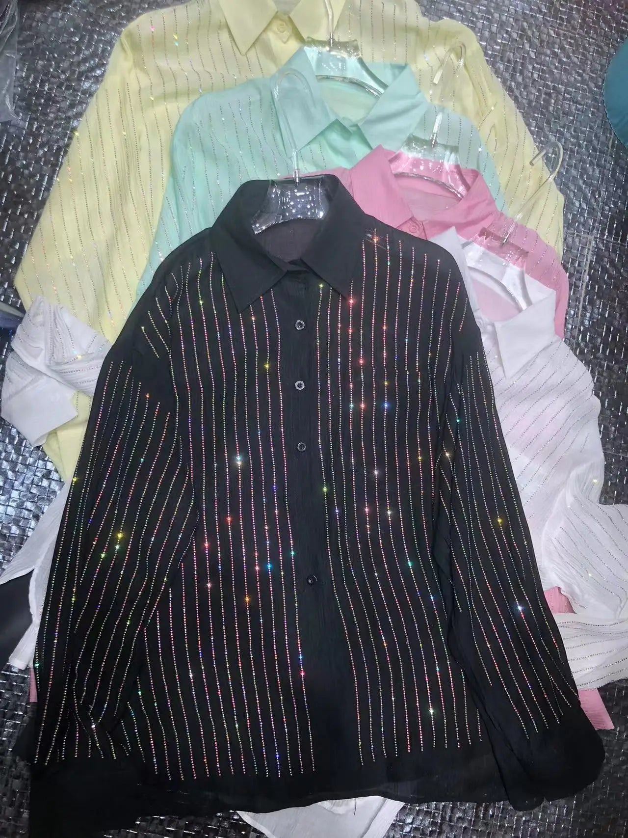 Mens Black Sparkling Striped Casual Button-down Shirt