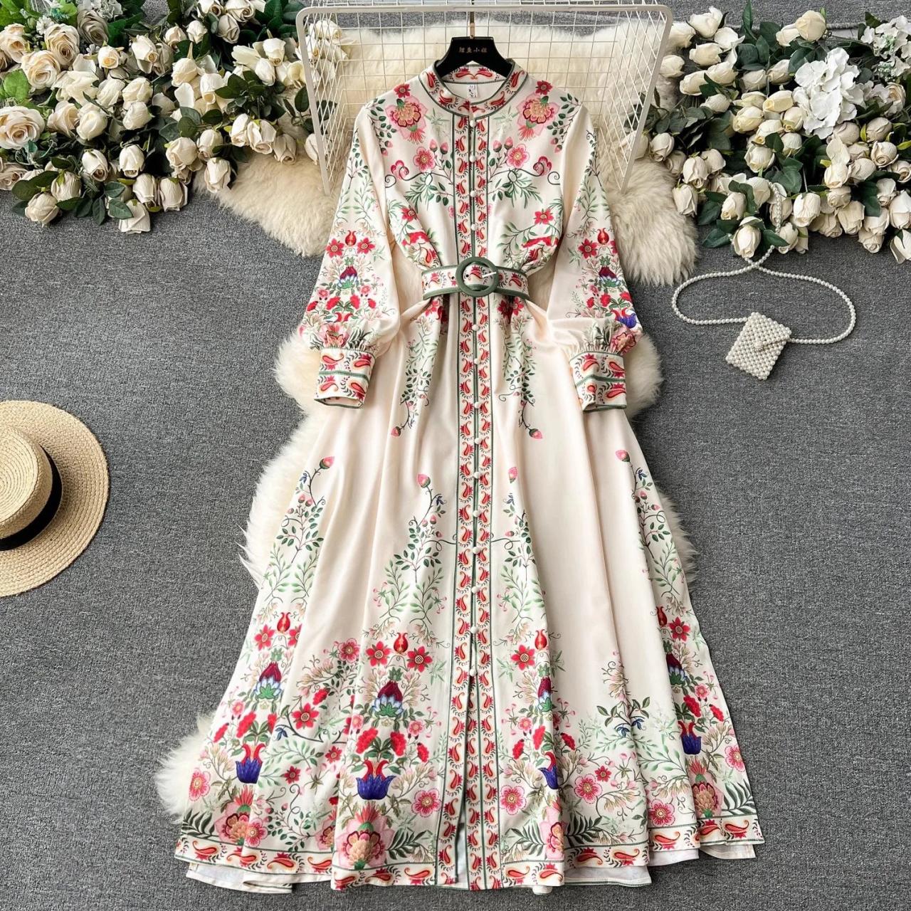 Womens Elegant Floral Embroidered Long Sleeve Maxi Dress