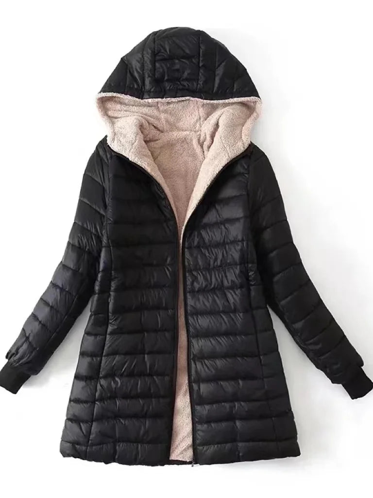 Womens Hooded Fleece-lined Long Winter Coat Jacket