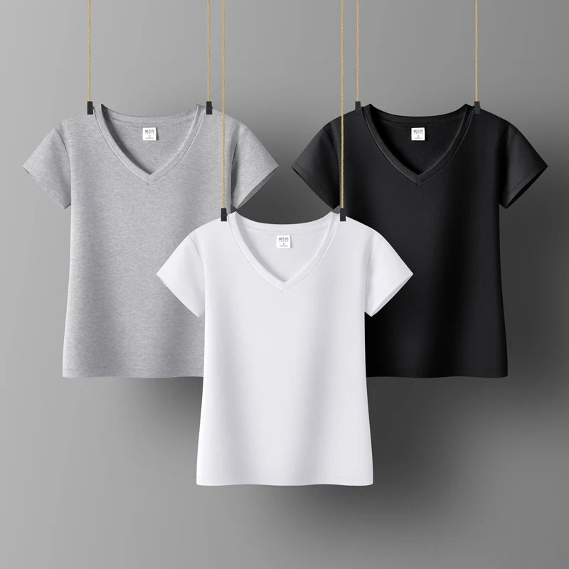 Classic V-neck Short Sleeve T-shirt - Basic Solid Colors
