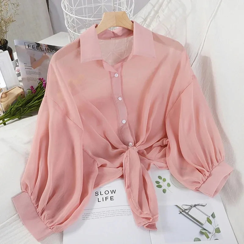 Womens Casual Tie-front Blouse Long Sleeve Pink Shirt