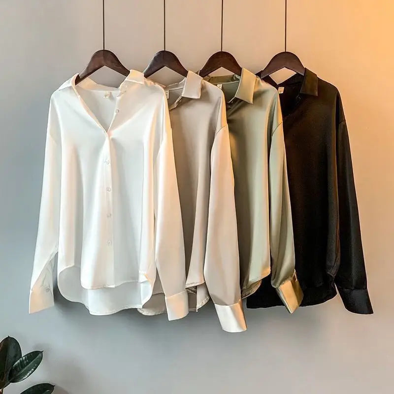 Elegant Long Sleeve Silk Blouse In Neutral Tones