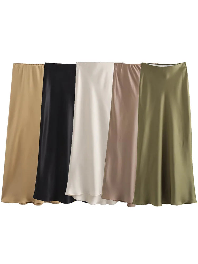 Classic Satin Midi Skirts In Assorted Neutral Colors