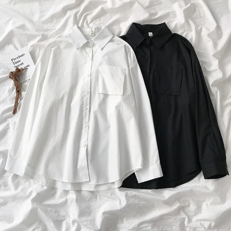 White Women School Shirts Fashion Jk Preppy Style Spring Japan Long Sleeve Girls Black Shirt Harajuku Button Up Ladies Tops