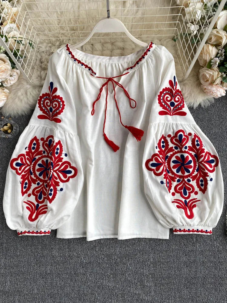 Bohemian Embroidered Peasant Blouse With Tassel Tie Neck