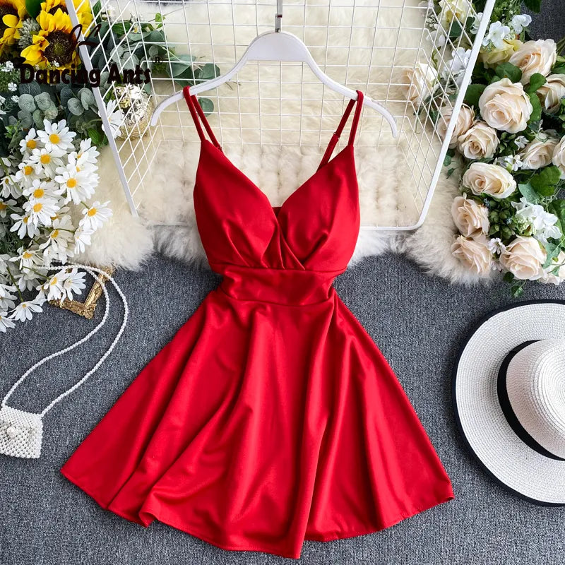 Elegant Red Satin V-neck Skater Dress For Women