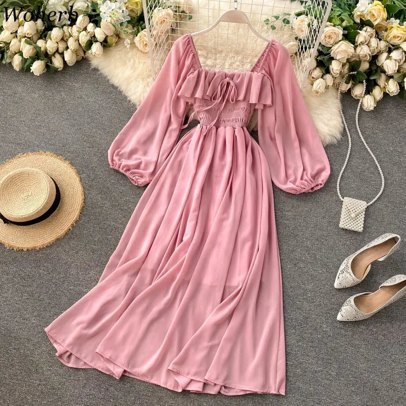 Elegant Long Sleeve Smocked Waist Maxi Dress In Pink