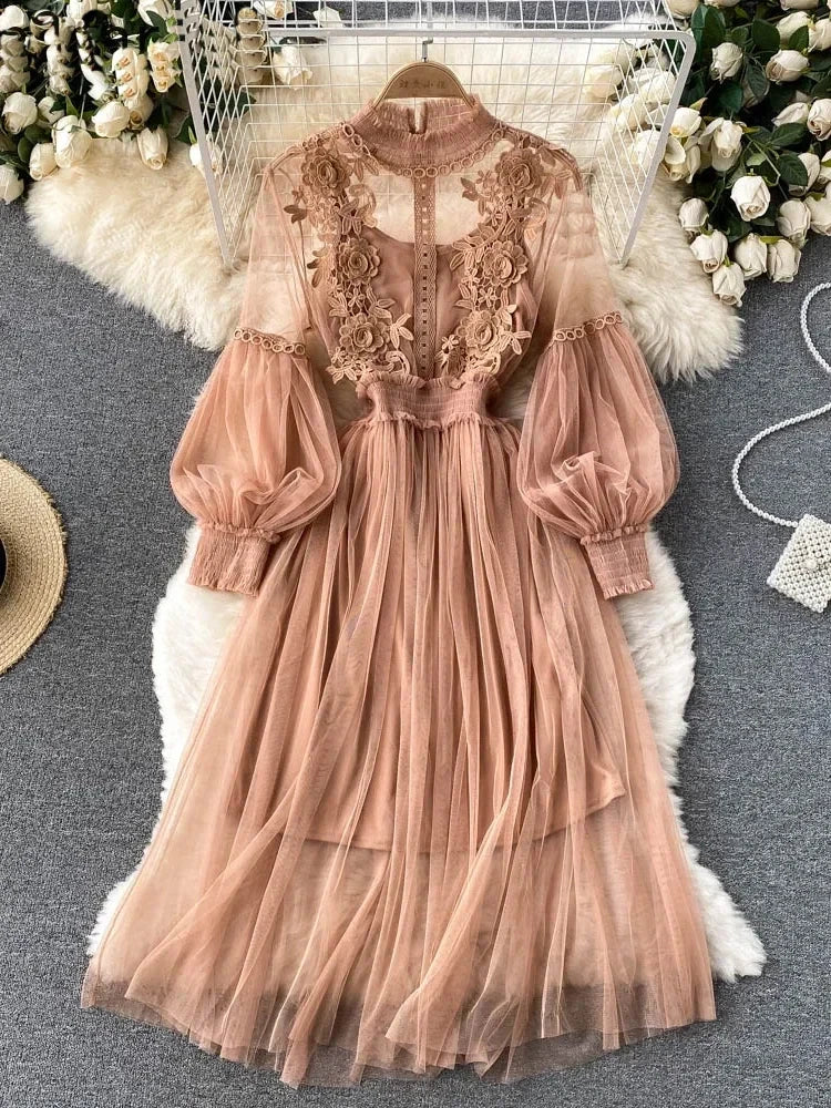 Elegant Tulle Puff Sleeve Embroidered Maxi Dress Vintage