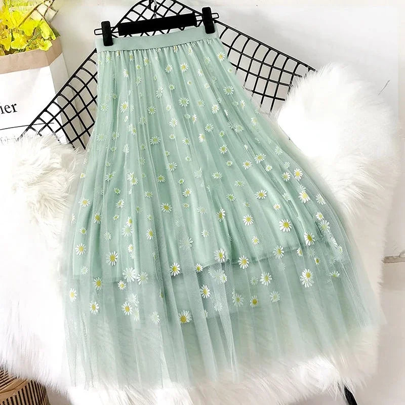 Womens Floral Embroidered Tulle Midi Skirt Spring Fashion