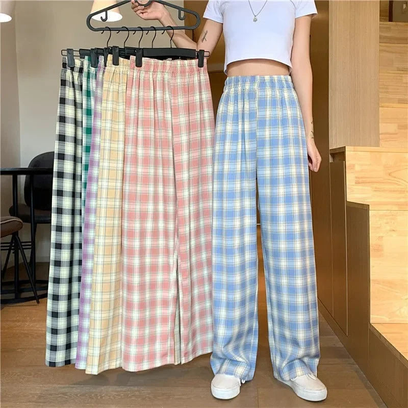 Casual Plaid Wide Leg High Waist Palazzo Pants