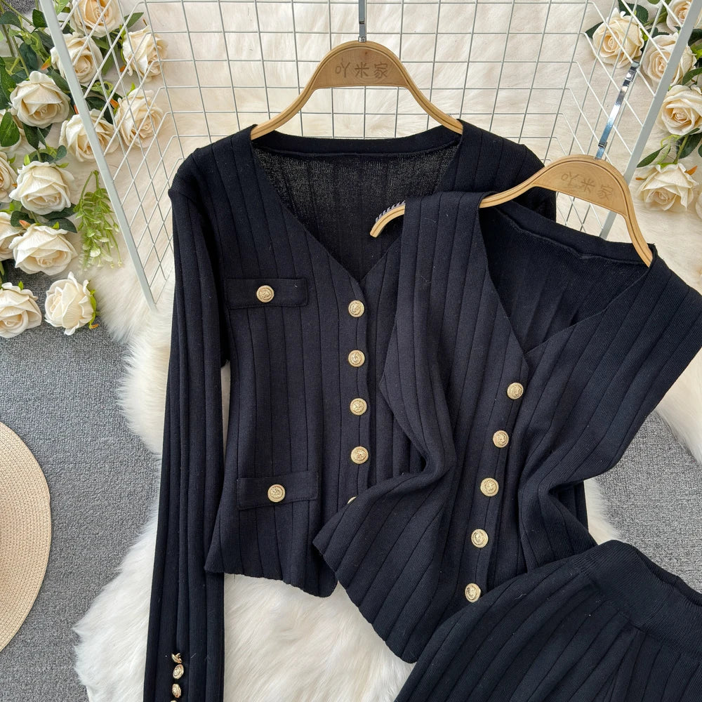 Three Pieces Ribbed Knit Pant Sets