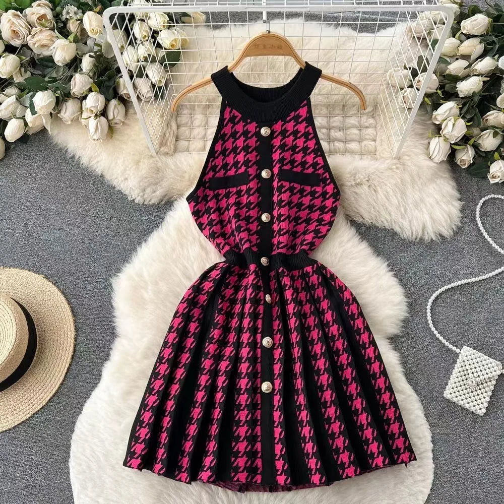 Girls Sleeveless Houndstooth Pattern A-line Dress With Buttons