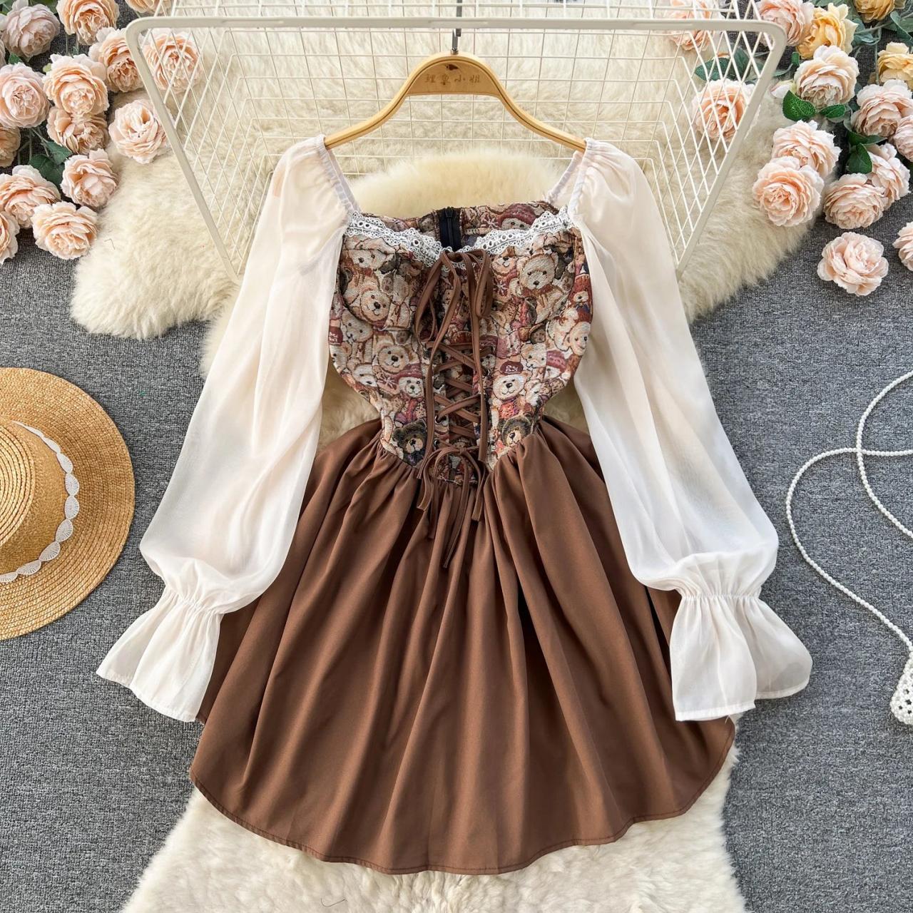 Bohemian Style Lace-up Corset Top Puff Sleeve Dress