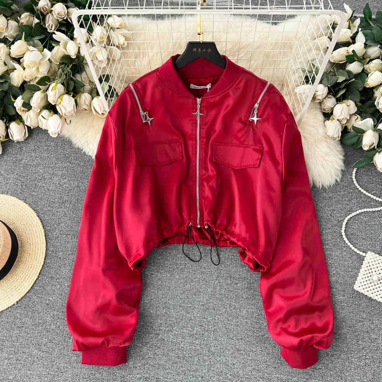 Red cropped bomber jacket outlet