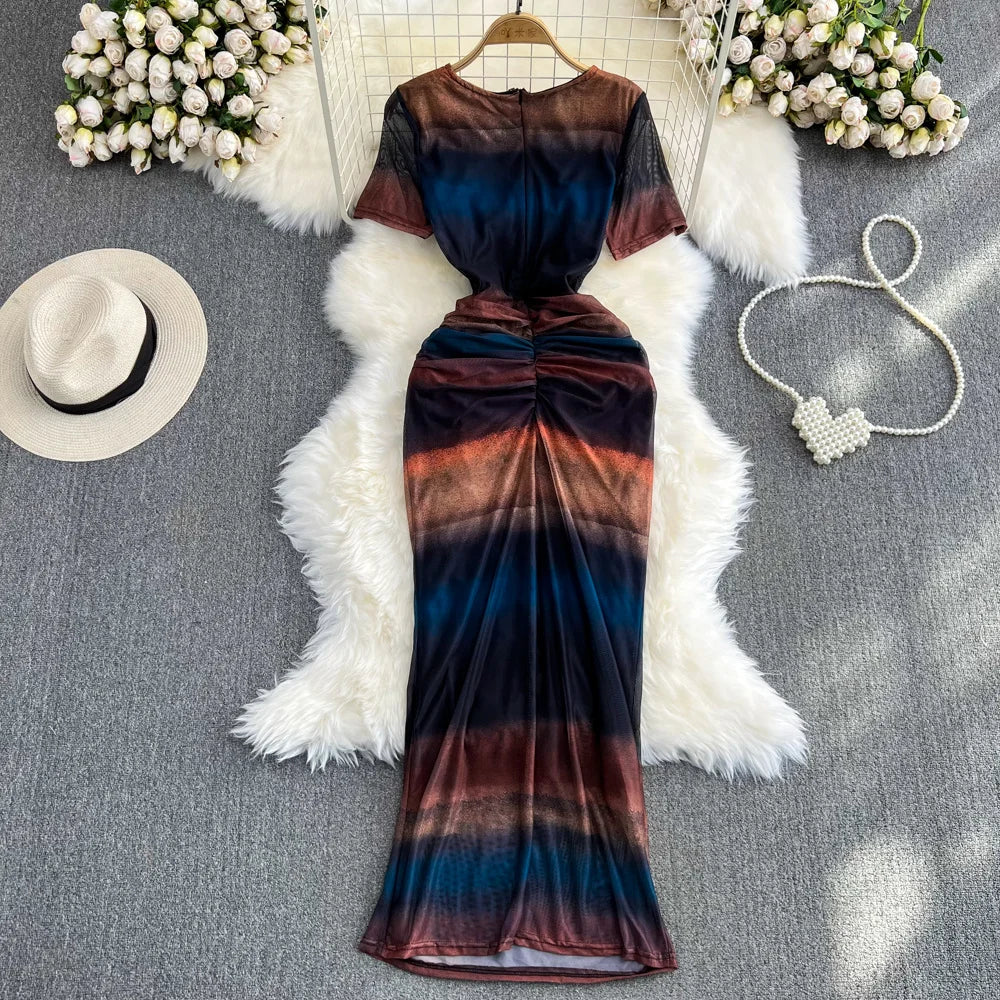 sheer tie dye dress Elegant Tie-dye Sheer Sleeve Maxi Dress For Women