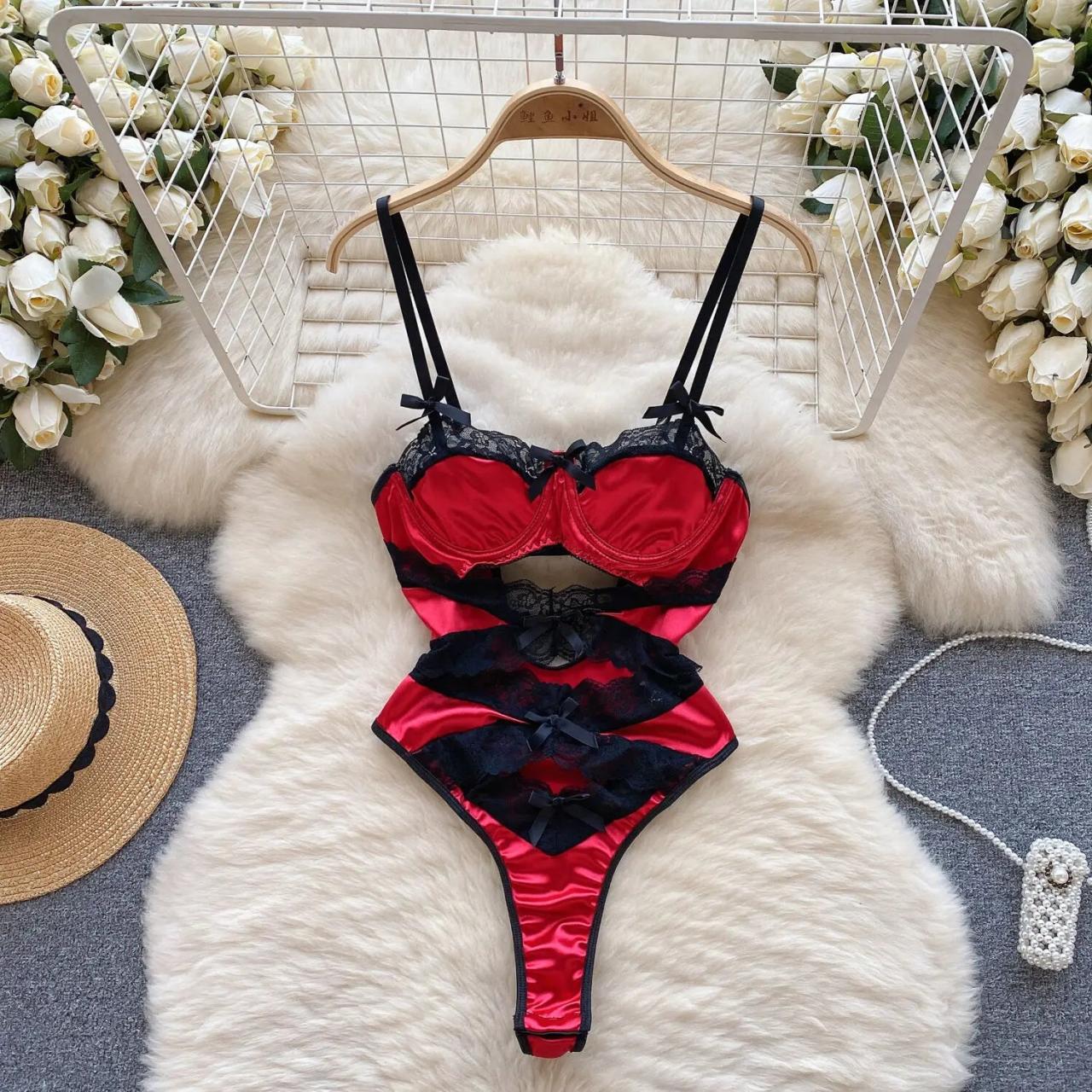 Sexy Red Satin And Black Lace Bodysuit Lingerie on Luulla