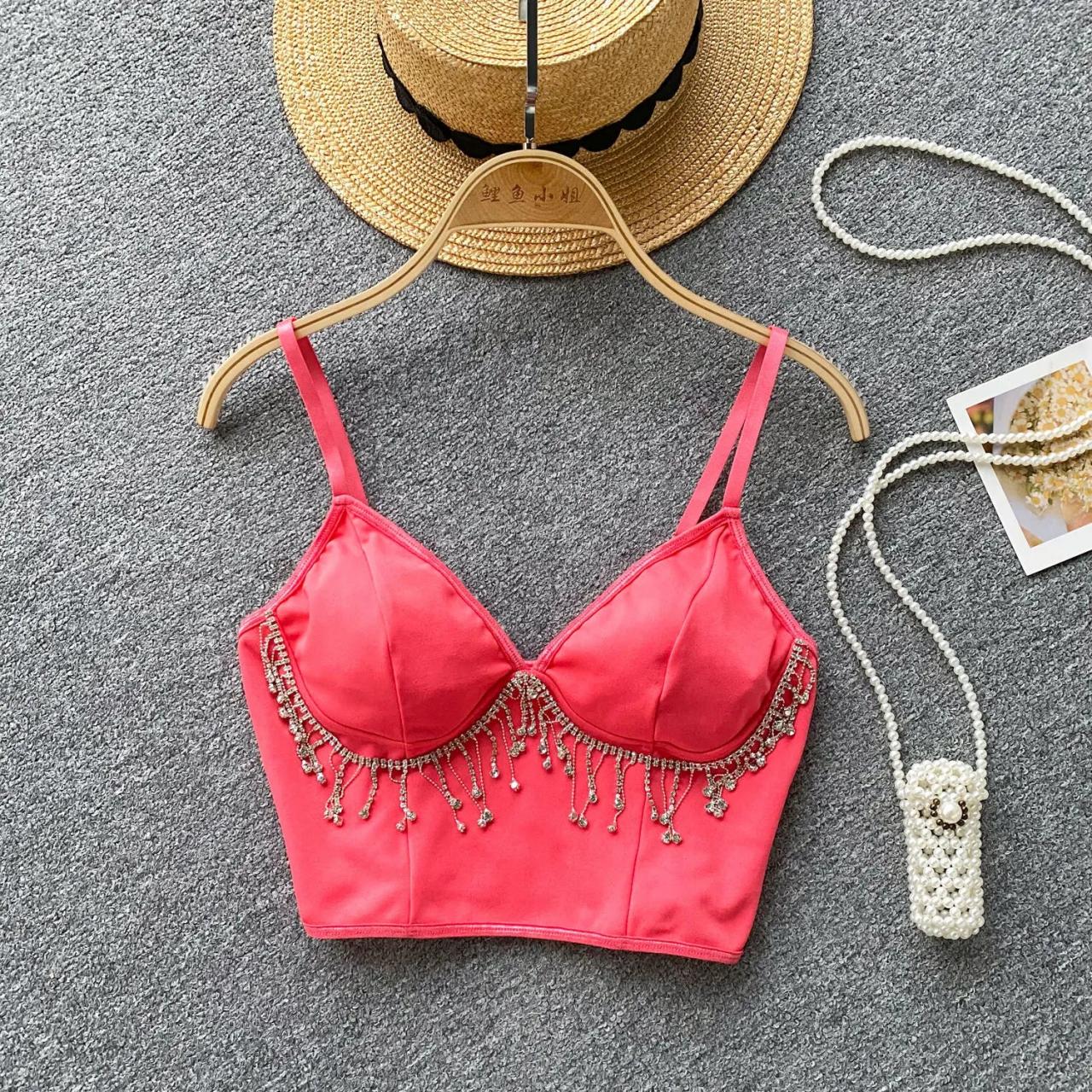 Womens Red Embellished Festival Crop Top Bralette