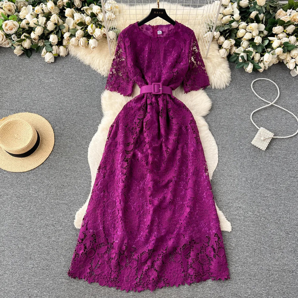 royal purple lace dress Sheer Lace Long Sleeve Ruffled Purple Prom Gown