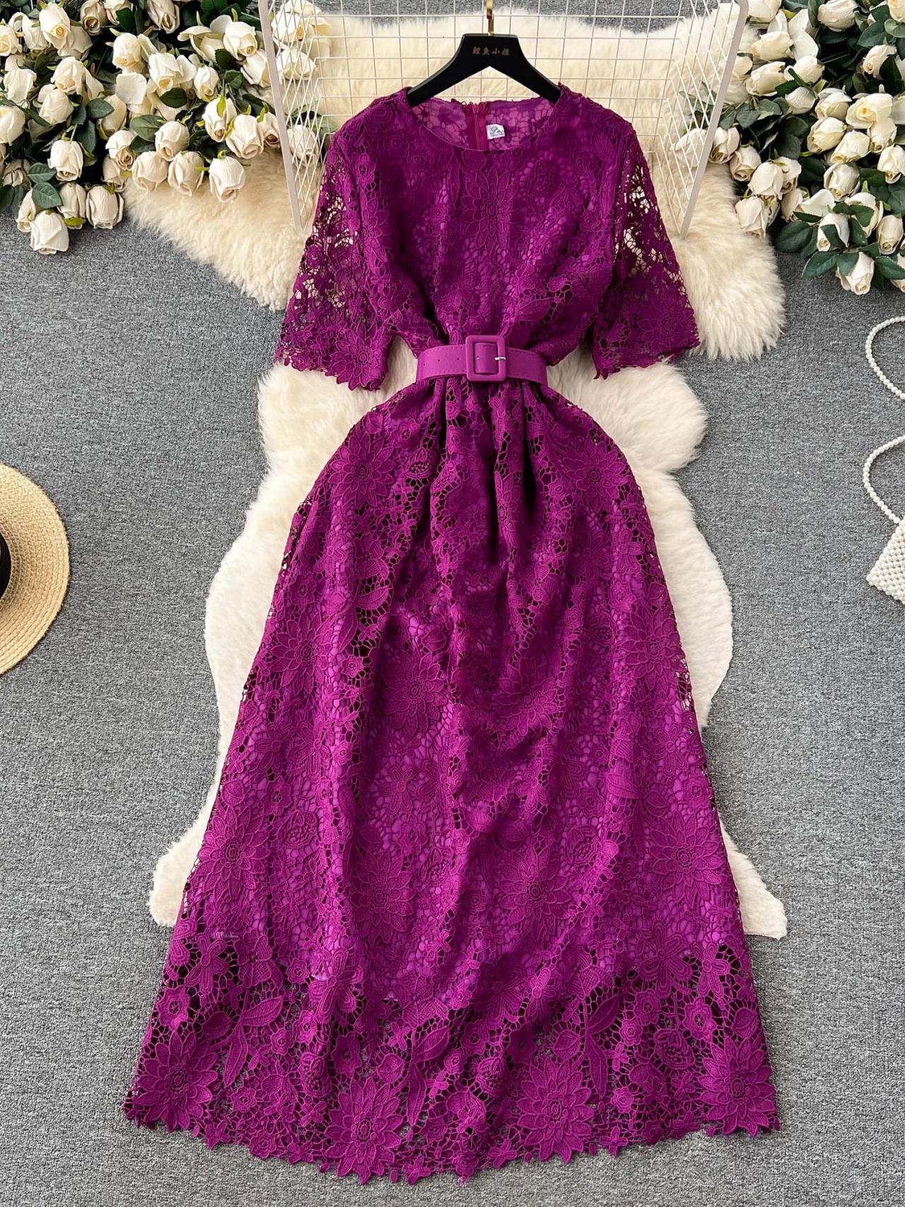 royal purple midi dress Elegant Lace Belted Midi Dress In Royal Purple