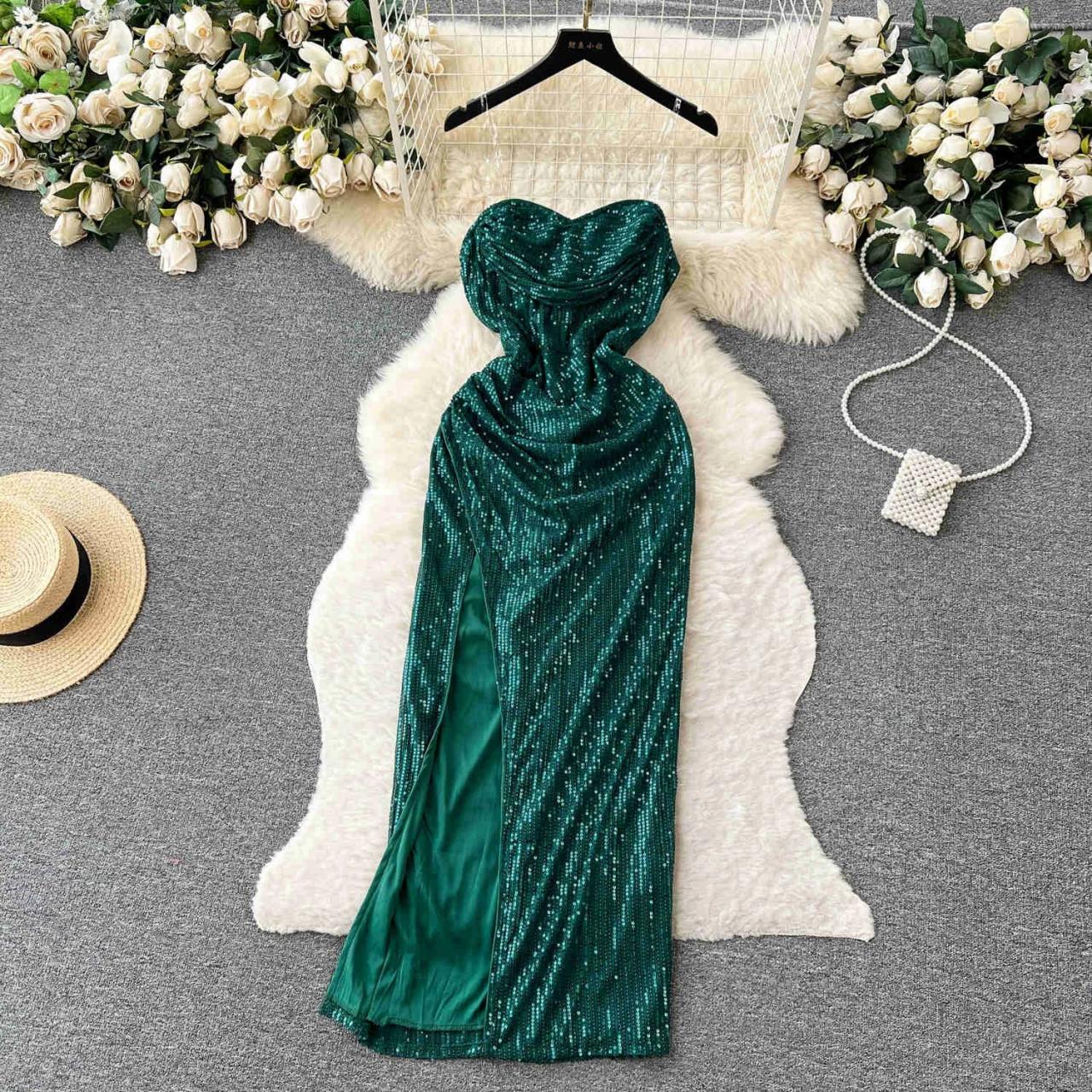 Elegant Green Sequined Evening Gown With Sheer Overlay on Luulla