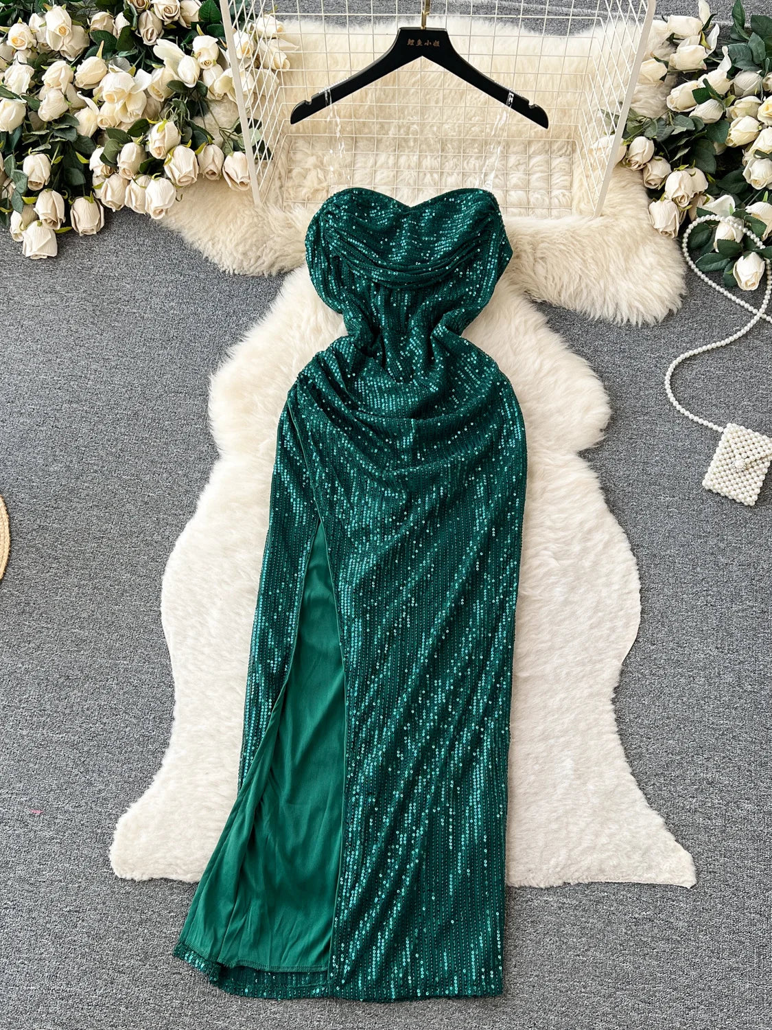 Elegant Green Sequined Evening Gown With Sheer Overlay on Luulla