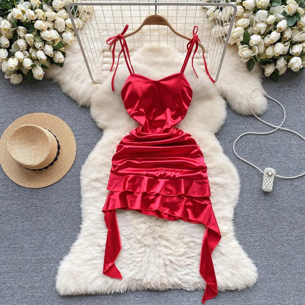 Elegant Satin Red Ruffled Cocktail Dress With Straps