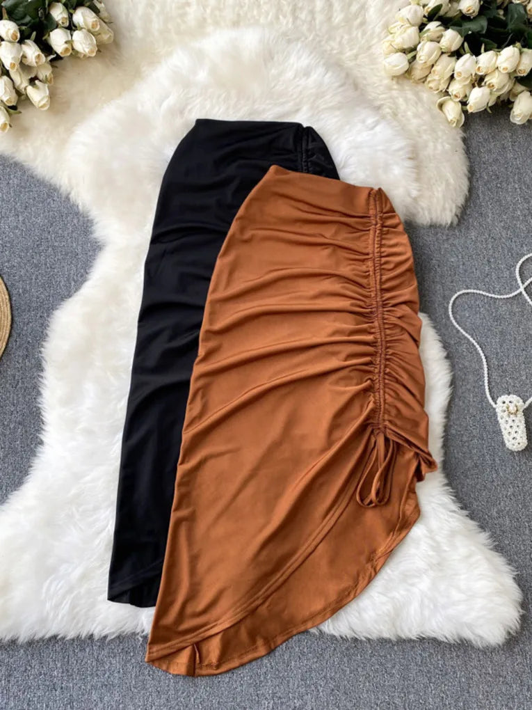 Womens Ruched Side Tie Asymmetrical Skirt in Black Brown